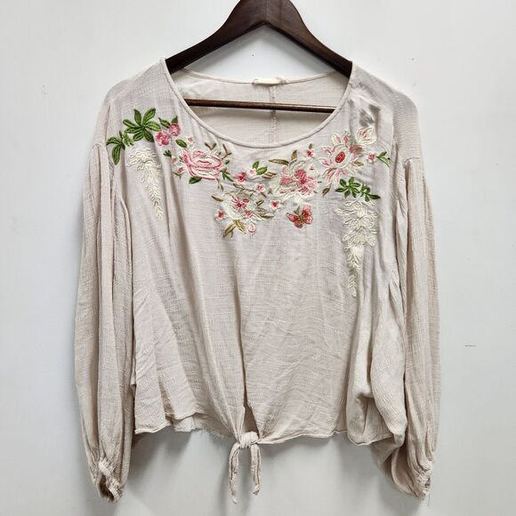 Before You Embroidered Gauzy Boho Peasant Floral Blouse Size M Balloon Sleeve - Picture 1 of 13